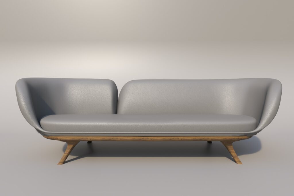 Canapé gris en style minimaliste. Le cuir est simple, le canapé se divise en place :une personne sur la gauche et deux sur la droite. les pieds sont en bois et le style est neutre. Le canapé est dans un fond et un sol unicolore complètement blanc.
