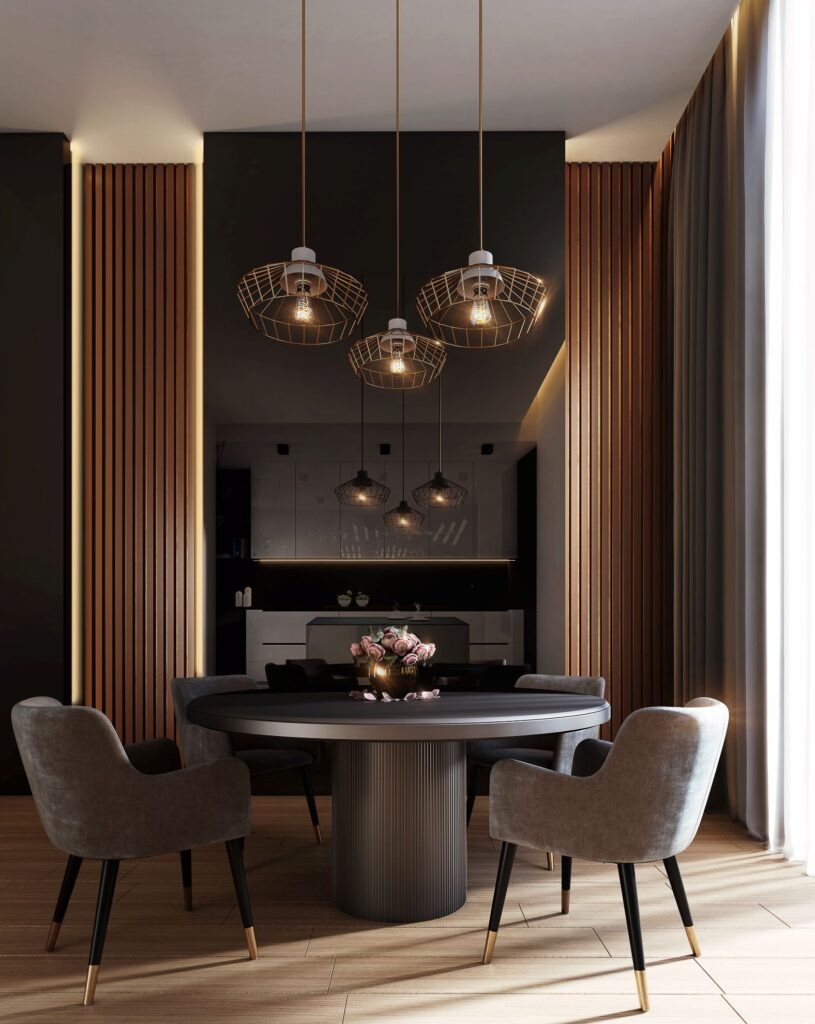 intérieur luxueux, vue sur une table avec deux chaises surplombées d'un luminaire