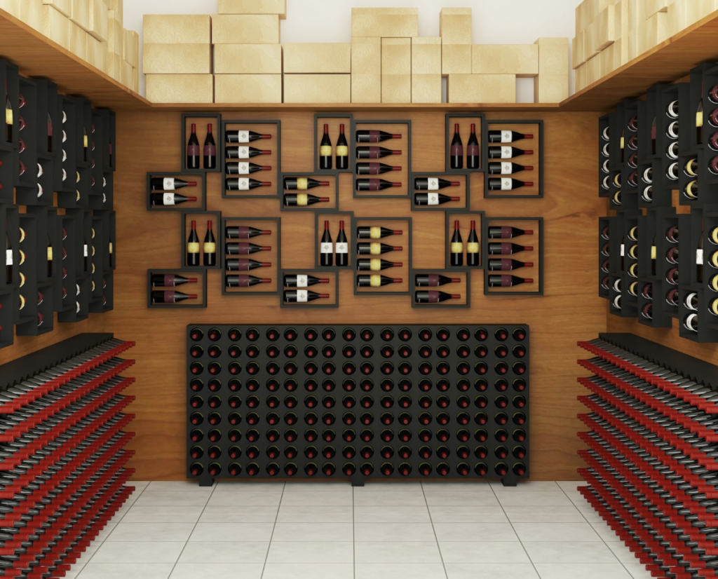Cave à vin moderne, colorée et originale avec des bouteilles de vin de toutes parts de la pièce, très lumineuse