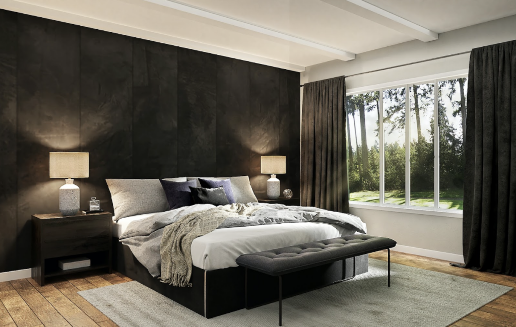 Chambre noire et blanche créant un contraste de couleurs saisissant grâce aux tendances de peintures utilisées. La chambre est moderne et lumineuse.