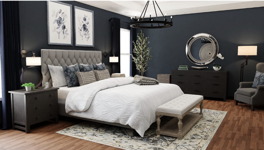 Chambre en peinture noire avec un mobilier clair qui créer un contraste des couleurs au sein de la pièce moderne et fonctionnelle