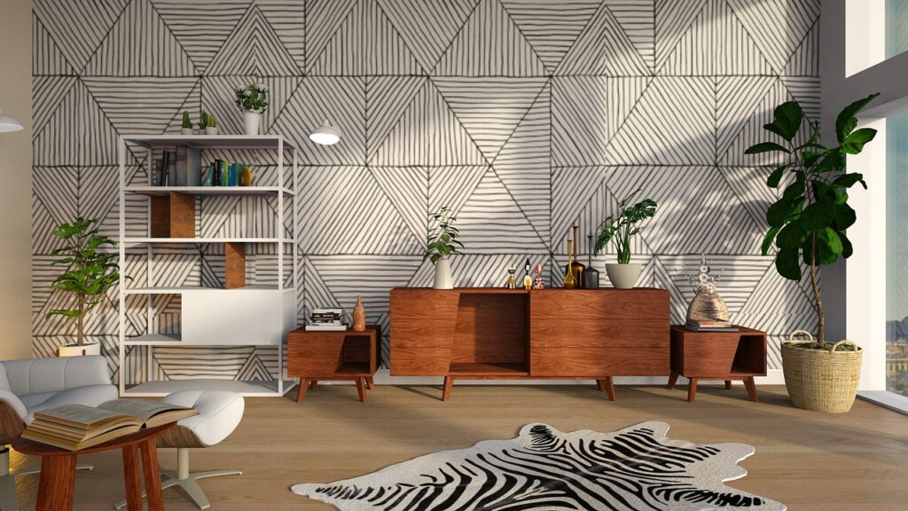 vue sur une pièce à vivre à la déco moderne, dont les murs sont habillés de motifs géométriques mêlant rectangles et rayures