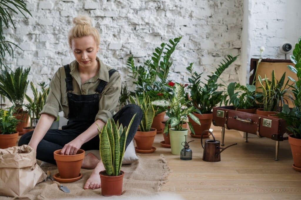 aménagement extérieur jardin femme qui met des plantes en pot